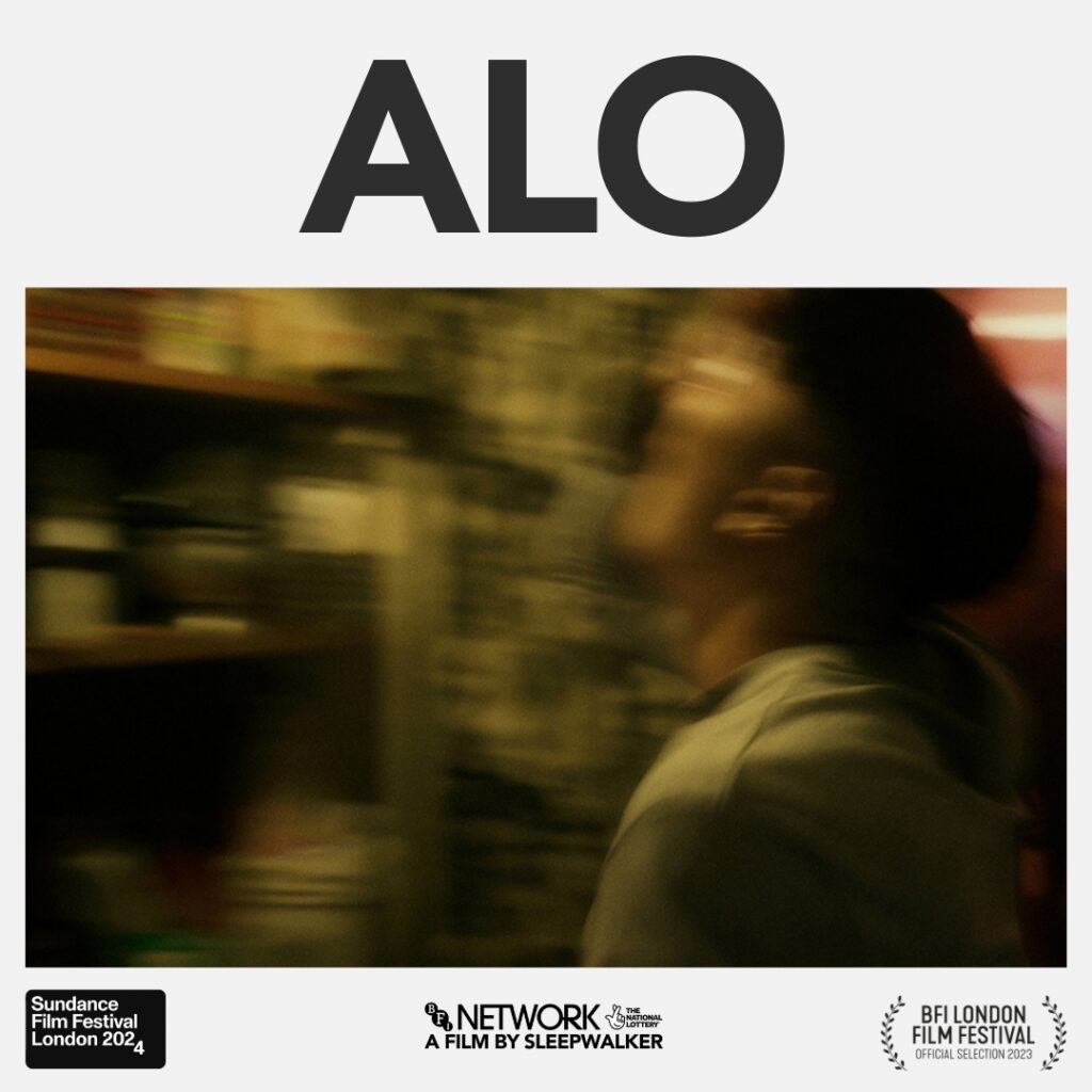 A blurry image of a person overlayed with logos of BFI Network, Sundance 2024 Film Festival and BFI London Film Festival. The text reads 'Alo', the title of the film.